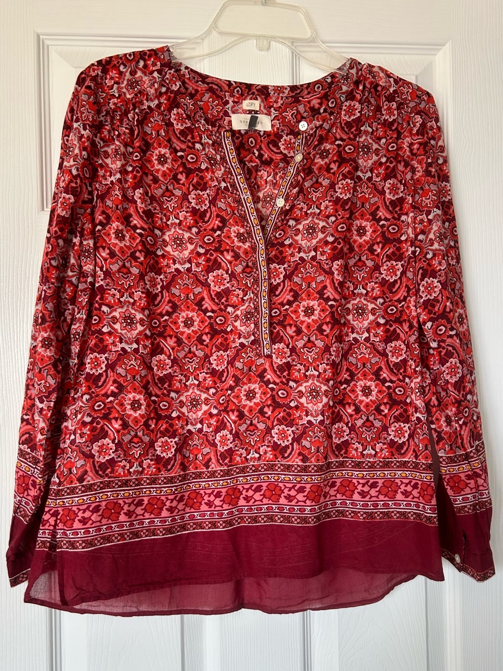 LOFT Red Floral Split-Neck Blouse